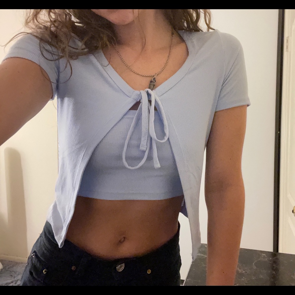 Baby blue tank top with shirt cover up